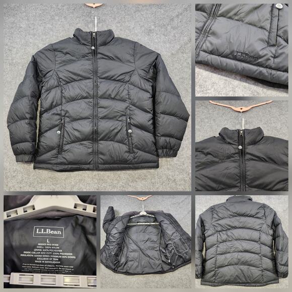 LL Bean Jacket Womens Large Black Goose Down Puffer Insulated Full Zip Bomber - Picture 1 of 12